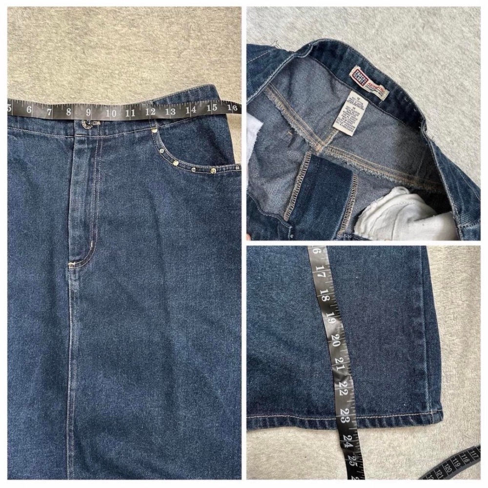 Vintage Faded Glory Denim Midi Skirt Dark Wash Rhinestone Studded Blue Womens 12 - Picture 6 of 6
